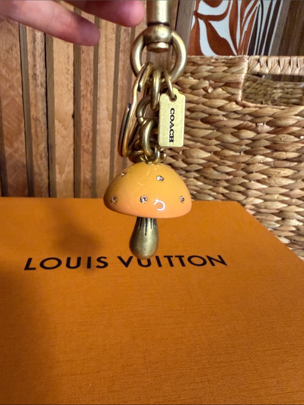Coach Gold-Tone Keychain with Orange Crystal-Studded Bead